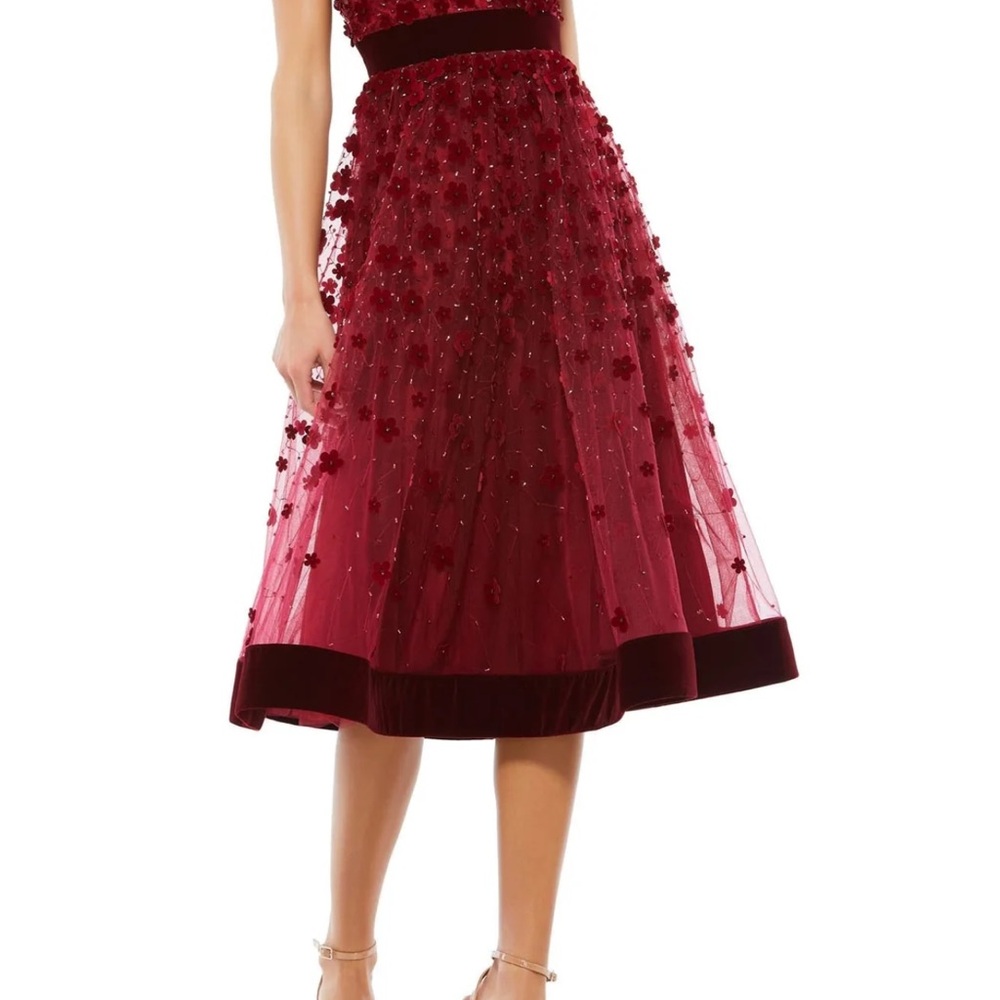 Mac Duggal Deep Berry Midi Dress with Burgundy Floral Appliqués - Picture 3 of 10